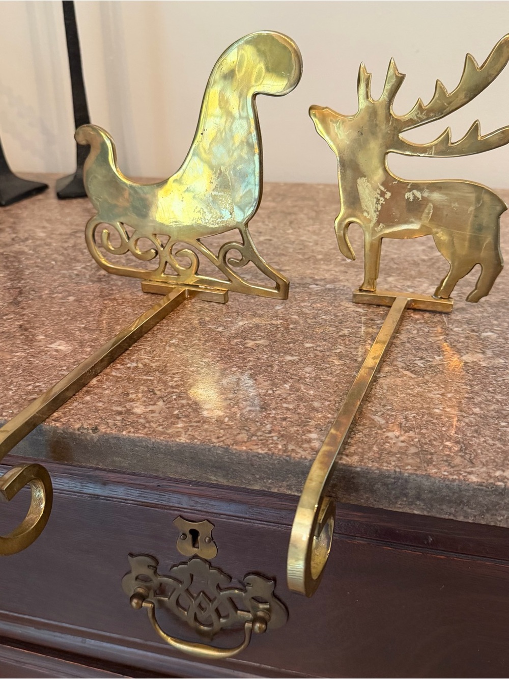 Brass Sleigh & Reindeer Christmas Stocking Holder Hook Patina Vintage Heavy